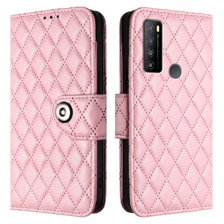 For TCL 30 XL T701DL Rhombic Texture Flip Leather Phone Case with Lanyard(Pink)