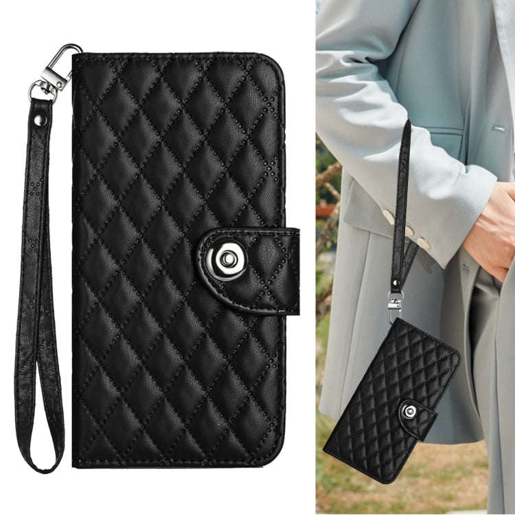 For Nothing CMF Phone 1 Rhombic Texture Flip Leather Phone Case with Lanyard(Black)