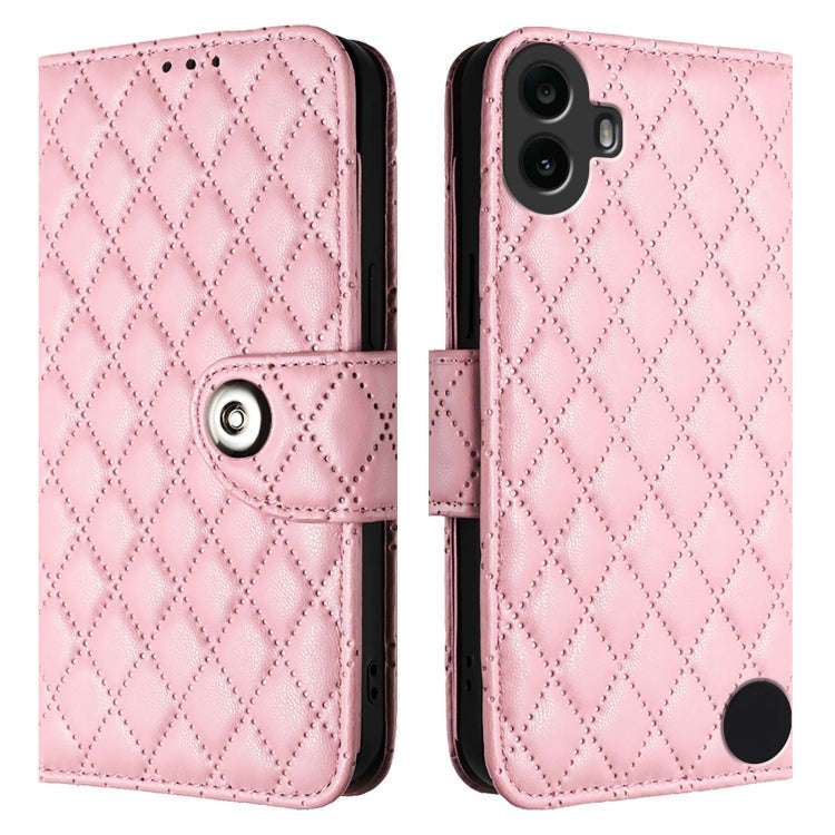 For Nothing CMF Phone 1 Rhombic Texture Flip Leather Phone Case with Lanyard(Pink)