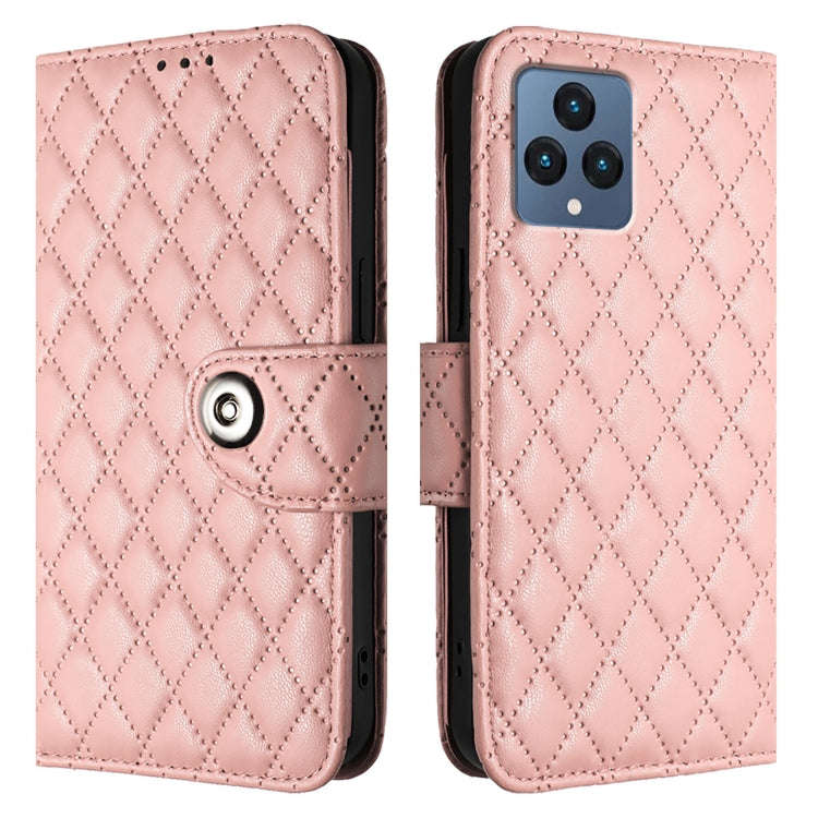 For T-Mobile REVVL 6 / 6x 5G Rhombic Texture Flip Leather Phone Case with Lanyard(Coral Pink)