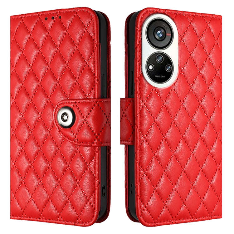 For ZTE Blade V40s Rhombic Texture Flip Leather Phone Case with Lanyard(Red)