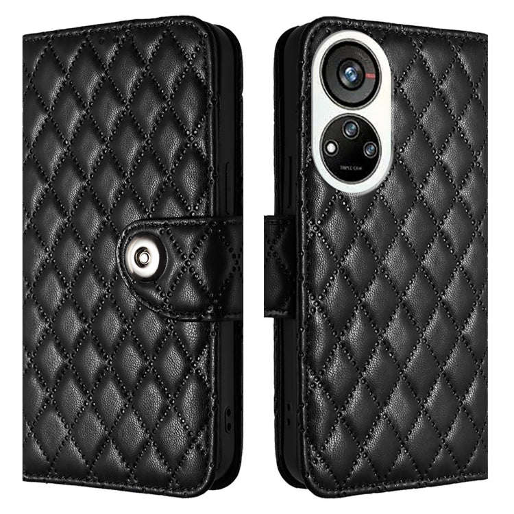 For ZTE Blade V40s Rhombic Texture Flip Leather Phone Case with Lanyard(Black)