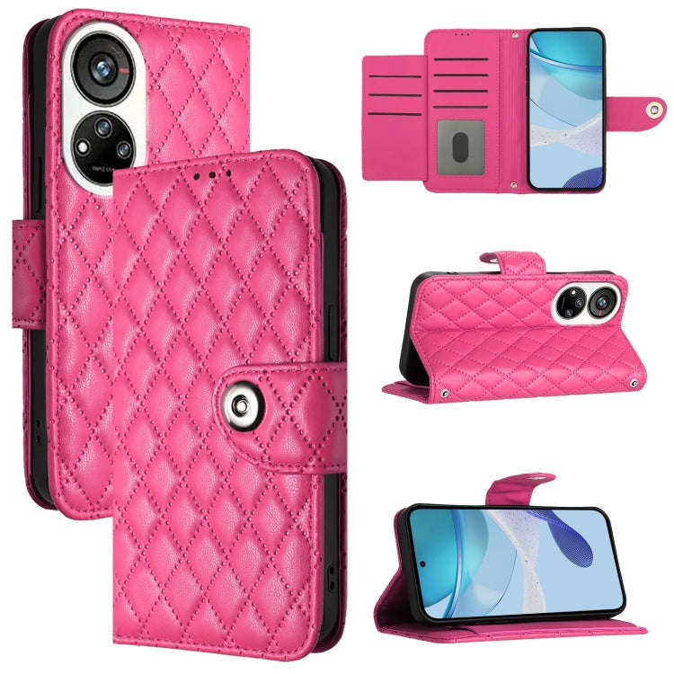 For ZTE Blade V40s Rhombic Texture Flip Leather Phone Case with Lanyard(Rose Red)