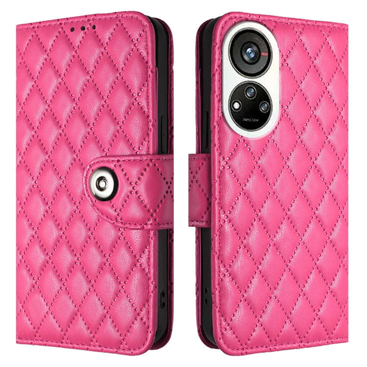 For ZTE Blade V40s Rhombic Texture Flip Leather Phone Case with Lanyard(Rose Red)