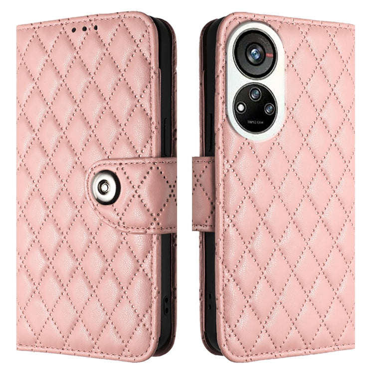For ZTE Blade V40s Rhombic Texture Flip Leather Phone Case with Lanyard(Coral Pink)