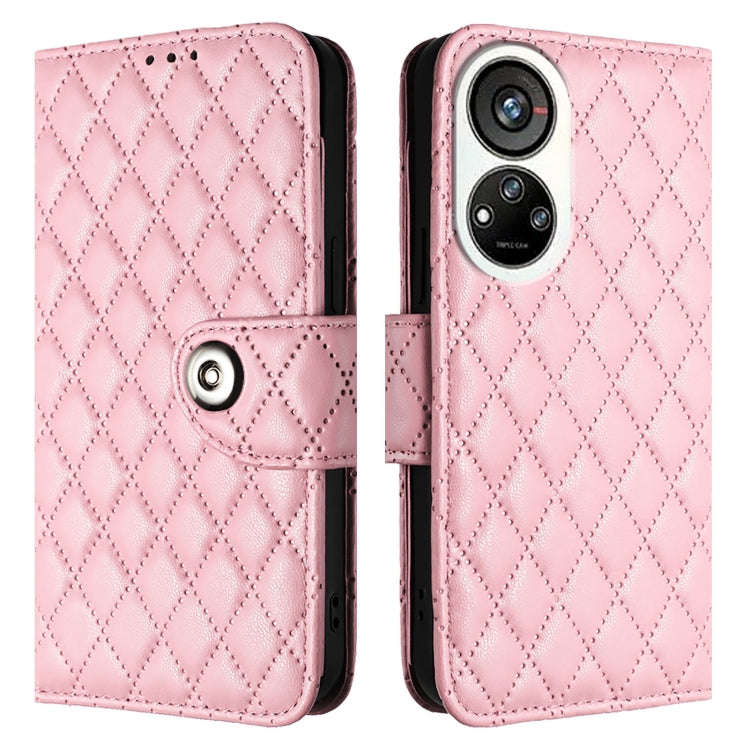 For ZTE Blade V40s Rhombic Texture Flip Leather Phone Case with Lanyard(Pink)