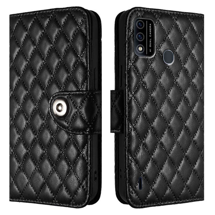 For itel A48 Rhombic Texture Flip Leather Phone Case with Lanyard(Black)