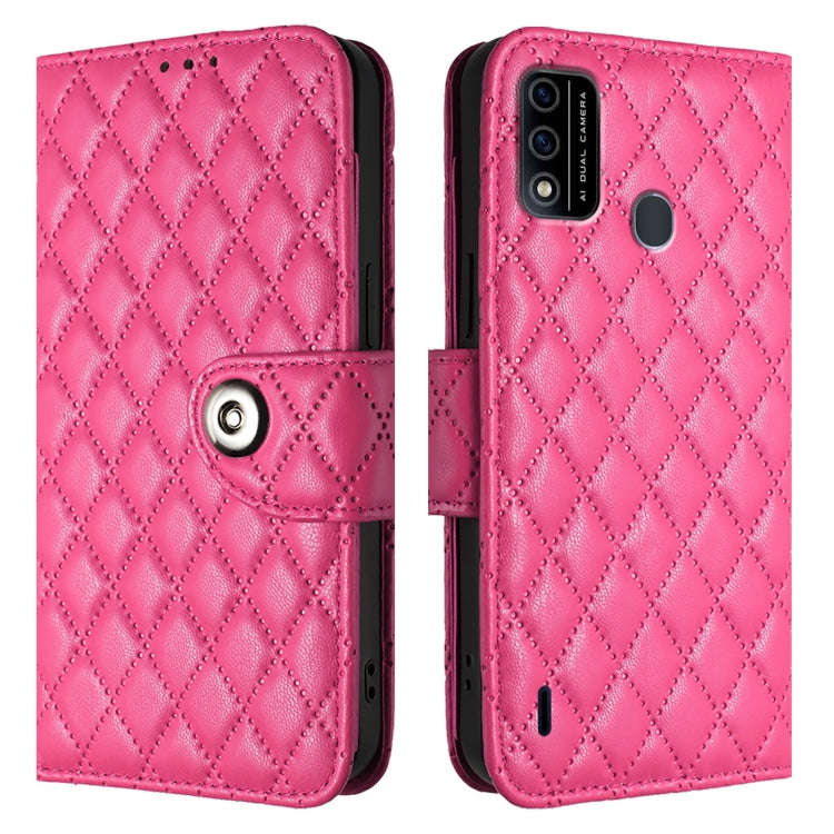For itel A48 Rhombic Texture Flip Leather Phone Case with Lanyard(Rose Red)
