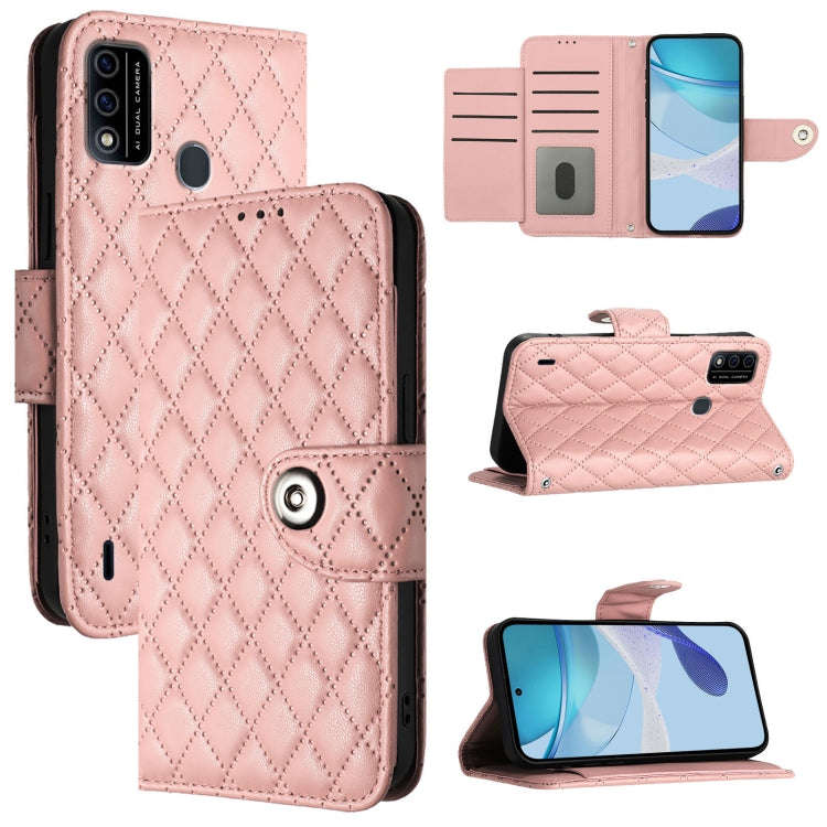 For itel A48 Rhombic Texture Flip Leather Phone Case with Lanyard(Coral Pink)