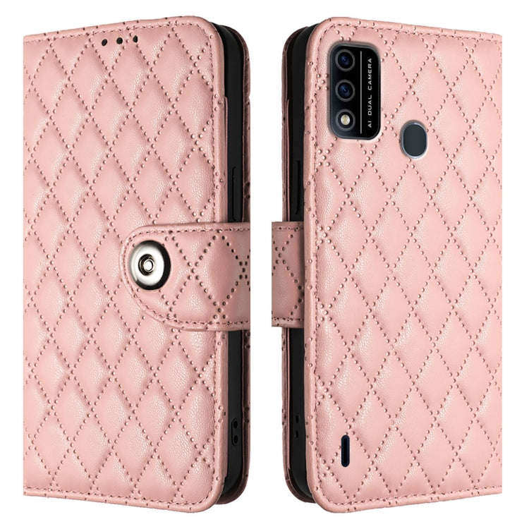 For itel A48 Rhombic Texture Flip Leather Phone Case with Lanyard(Coral Pink)