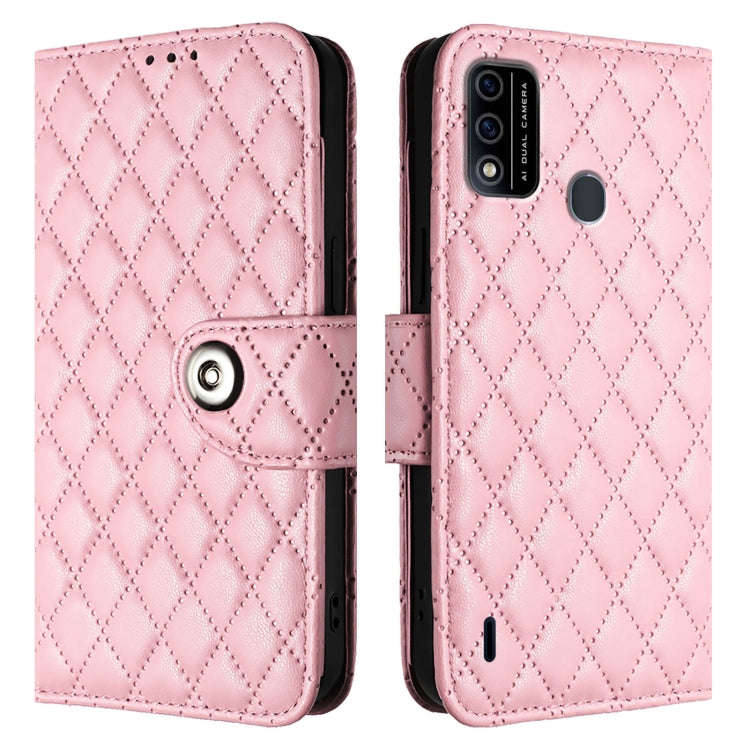 For itel A48 Rhombic Texture Flip Leather Phone Case with Lanyard(Pink)