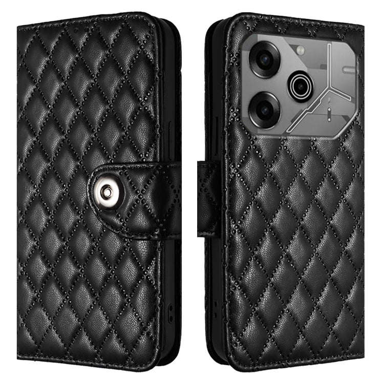 For Tecno Pova 6 Neo Rhombic Texture Flip Leather Phone Case with Lanyard(Black)