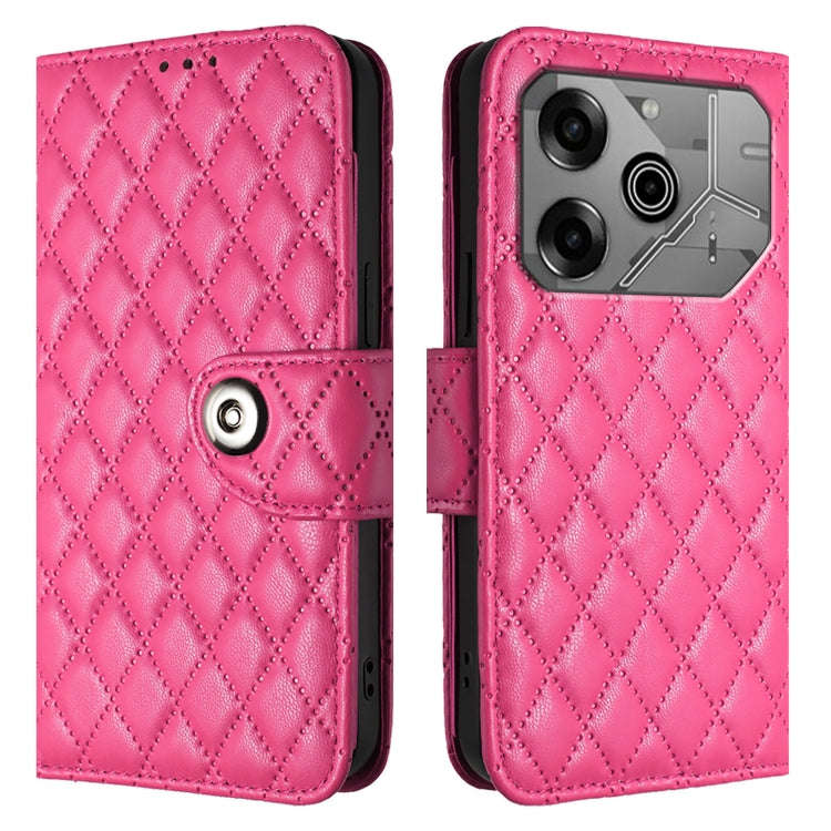 For Tecno Pova 6 Neo Rhombic Texture Flip Leather Phone Case with Lanyard(Rose Red)