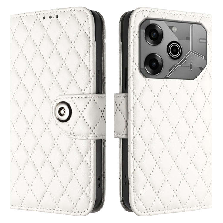 For Tecno Pova 6 Neo Rhombic Texture Flip Leather Phone Case with Lanyard(White)