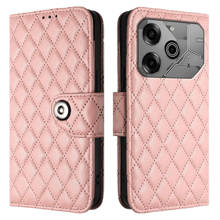 For Tecno Pova 6 Neo Rhombic Texture Flip Leather Phone Case with Lanyard(Coral Pink)