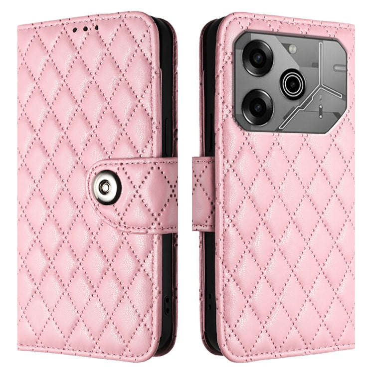 For Tecno Pova 6 Neo Rhombic Texture Flip Leather Phone Case with Lanyard(Pink)
