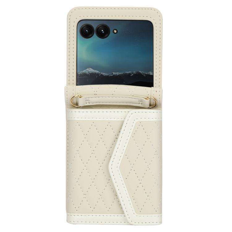For Motorola Razr 50 Ultra Splicing Rhombic Texture Phone Case with Long & Short Lanyard(Beige)