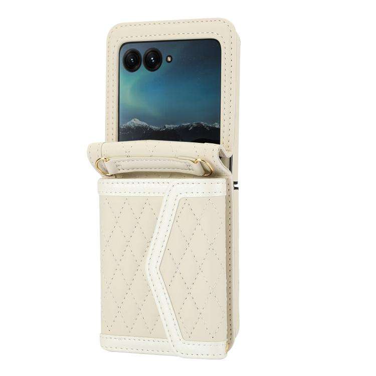 For Motorola Razr 50 Ultra Splicing Rhombic Texture Phone Case with Long & Short Lanyard(Beige)