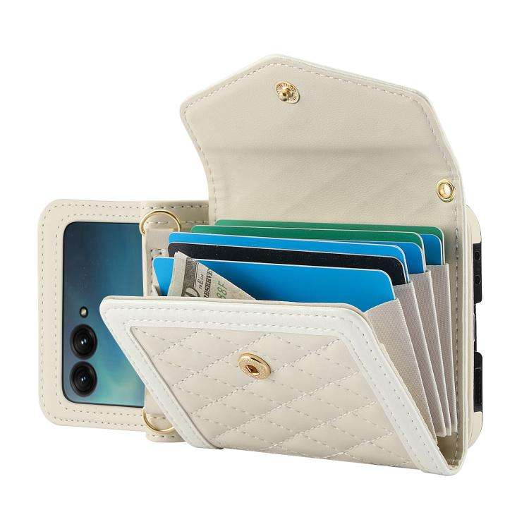 For Motorola Razr 50 Ultra Splicing Rhombic Texture Phone Case with Long & Short Lanyard(Beige)