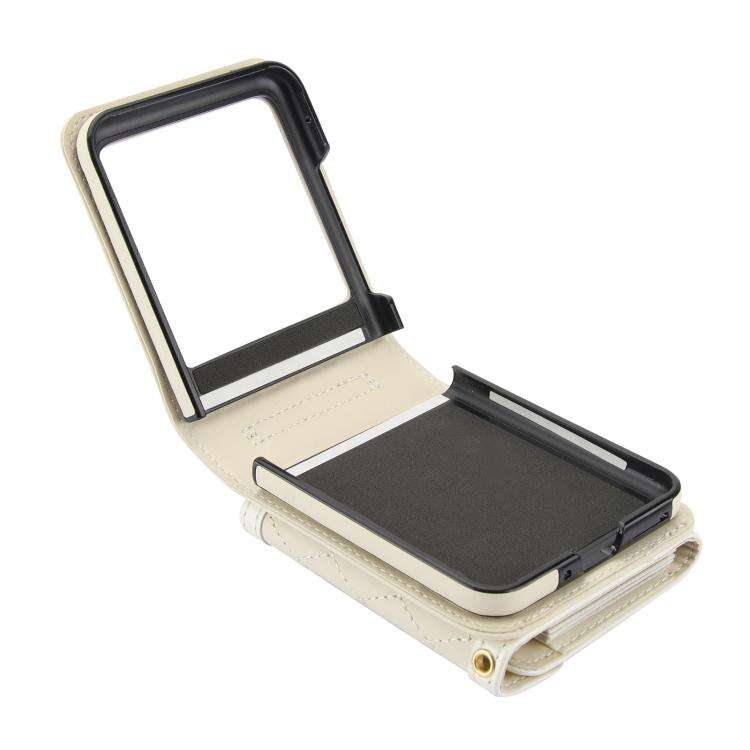 For Motorola Razr 50 Ultra Splicing Rhombic Texture Phone Case with Long & Short Lanyard(Beige)