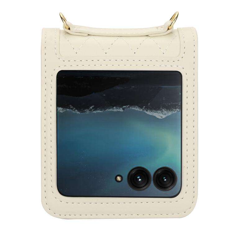 For Motorola Razr 50 Ultra Splicing Rhombic Texture Phone Case with Long & Short Lanyard(Beige)