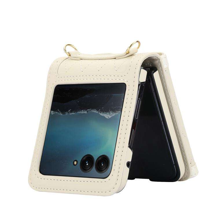 For Motorola Razr 50 Ultra Splicing Rhombic Texture Phone Case with Long & Short Lanyard(Beige)