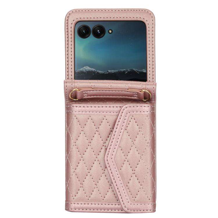 For Motorola Razr 50 Ultra Splicing Rhombic Texture Phone Case with Long & Short Lanyard(Rose Gold)