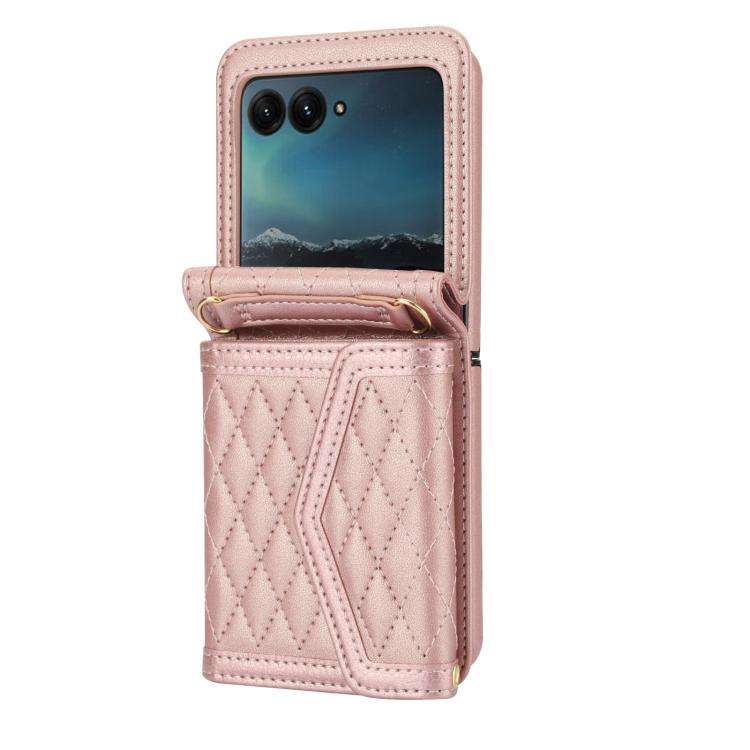 For Motorola Razr 50 Ultra Splicing Rhombic Texture Phone Case with Long & Short Lanyard(Rose Gold)