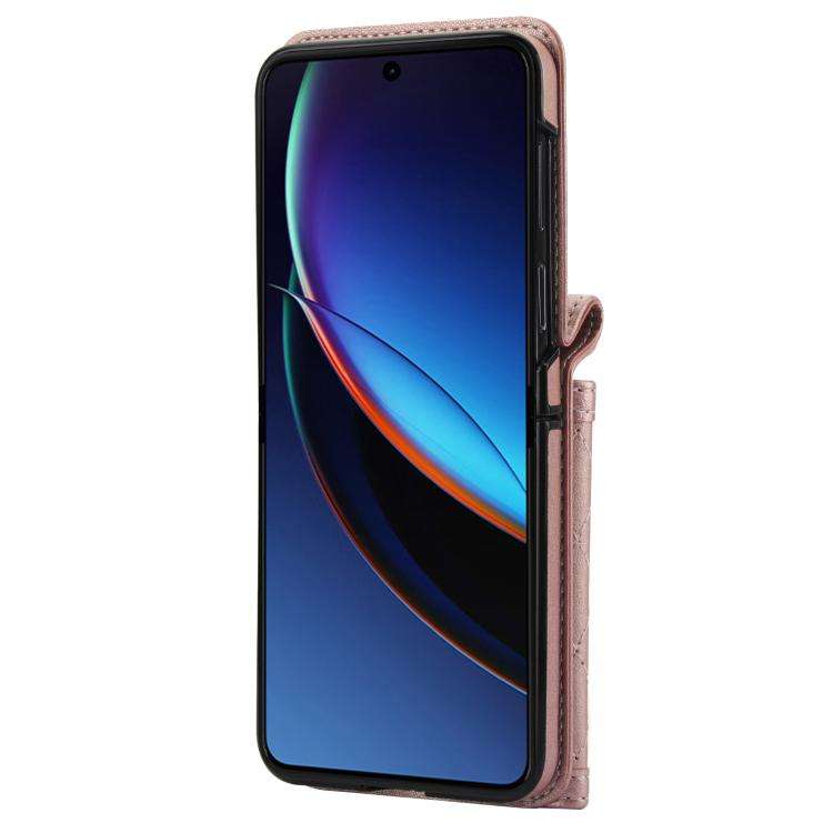 For Motorola Razr 50 Ultra Splicing Rhombic Texture Phone Case with Long & Short Lanyard(Rose Gold)