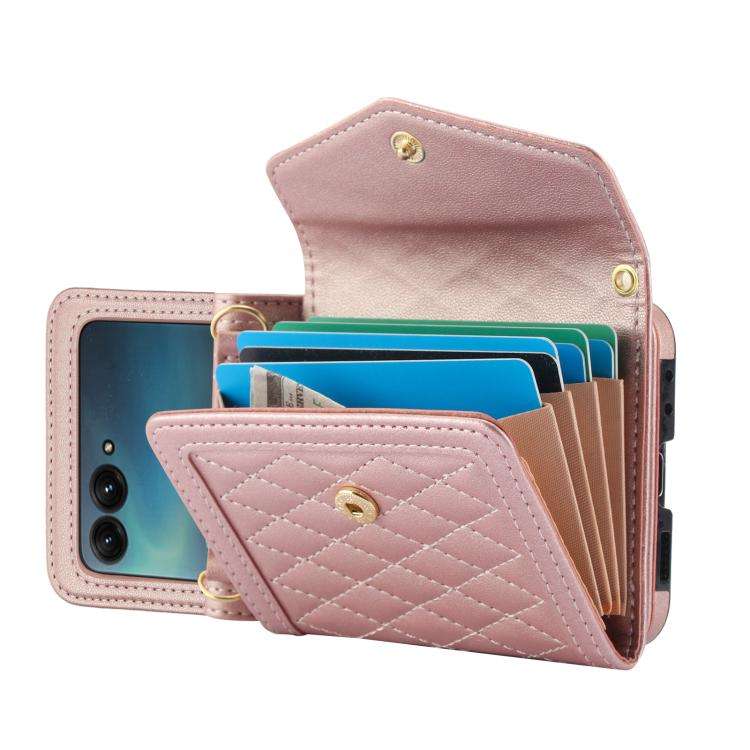 For Motorola Razr 50 Ultra Splicing Rhombic Texture Phone Case with Long & Short Lanyard(Rose Gold)