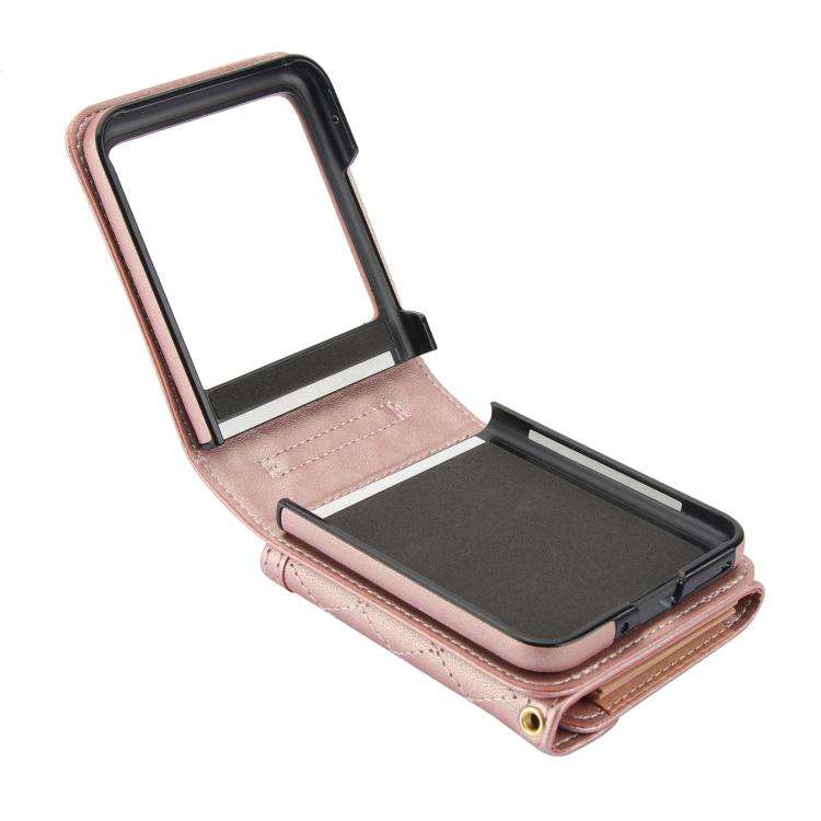 For Motorola Razr 50 Ultra Splicing Rhombic Texture Phone Case with Long & Short Lanyard(Rose Gold)