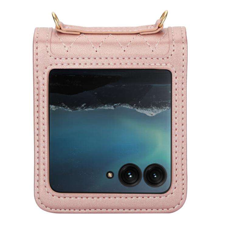 For Motorola Razr 50 Ultra Splicing Rhombic Texture Phone Case with Long & Short Lanyard(Rose Gold)