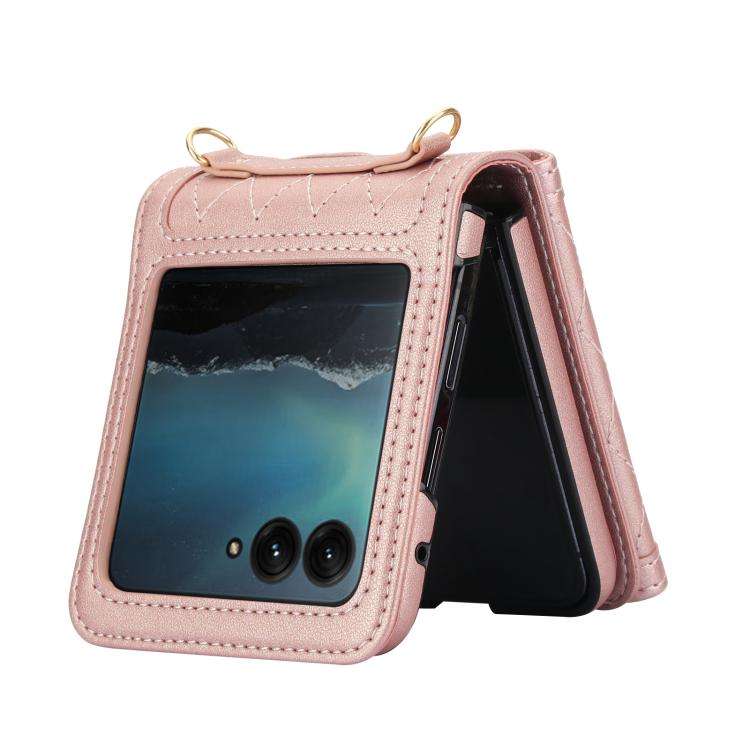 For Motorola Razr 50 Ultra Splicing Rhombic Texture Phone Case with Long & Short Lanyard(Rose Gold)
