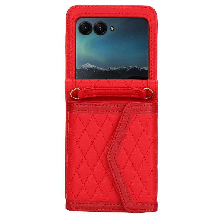 For Motorola Razr 50 Ultra Splicing Rhombic Texture Phone Case with Long & Short Lanyard(Red)