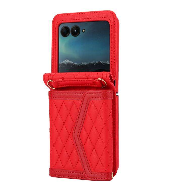 For Motorola Razr 50 Ultra Splicing Rhombic Texture Phone Case with Long & Short Lanyard(Red)