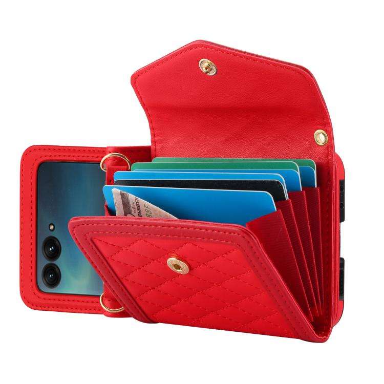 For Motorola Razr 50 Ultra Splicing Rhombic Texture Phone Case with Long & Short Lanyard(Red)