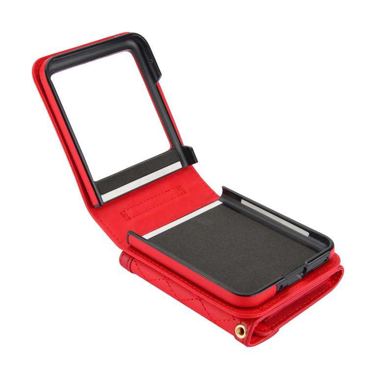 For Motorola Razr 50 Ultra Splicing Rhombic Texture Phone Case with Long & Short Lanyard(Red)
