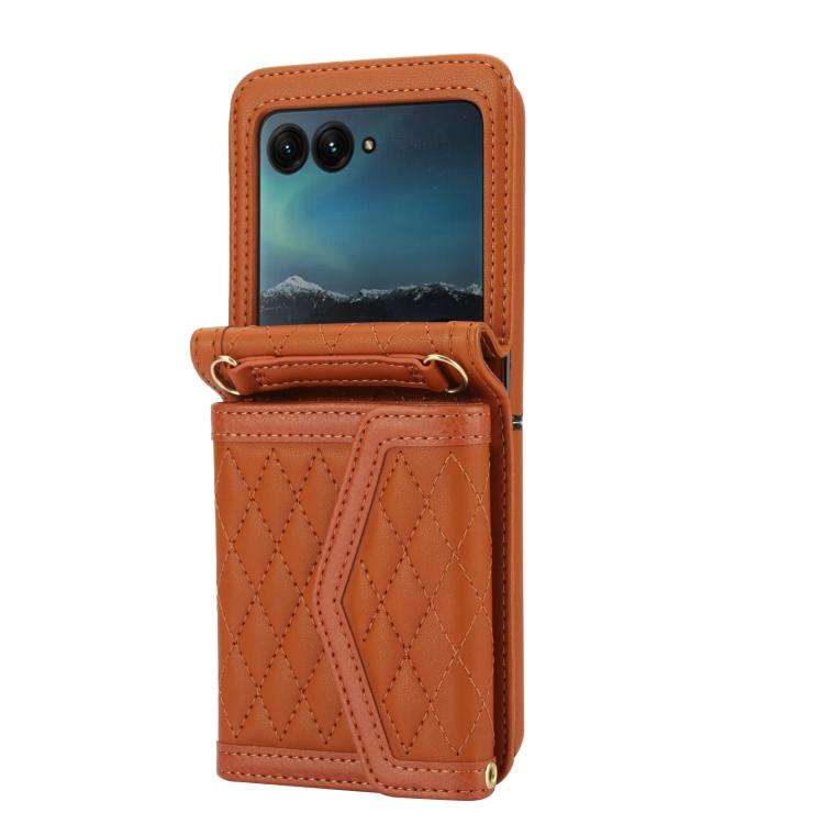 For Motorola Razr 50 Ultra Splicing Rhombic Texture Phone Case with Long & Short Lanyard(Brown)