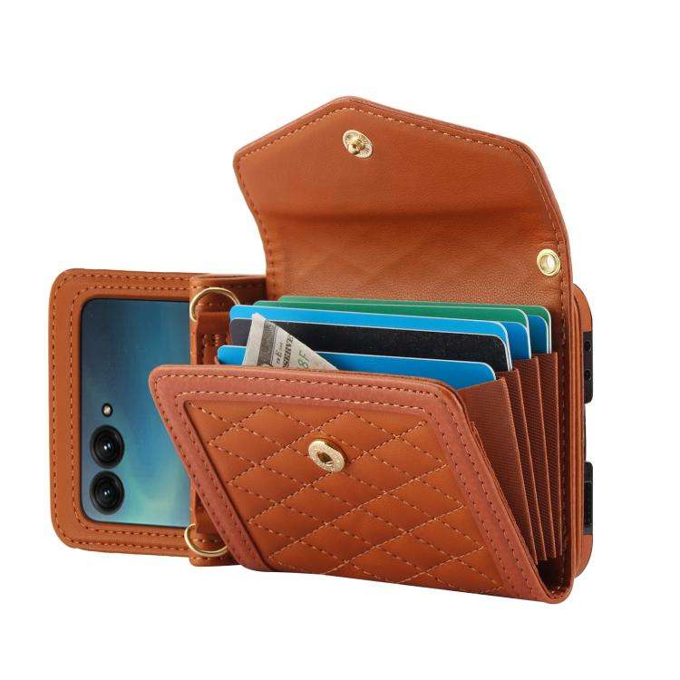 For Motorola Razr 50 Ultra Splicing Rhombic Texture Phone Case with Long & Short Lanyard(Brown)
