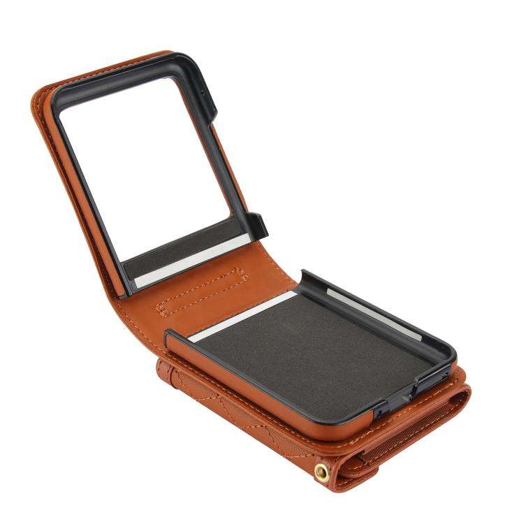 For Motorola Razr 50 Ultra Splicing Rhombic Texture Phone Case with Long & Short Lanyard(Brown)
