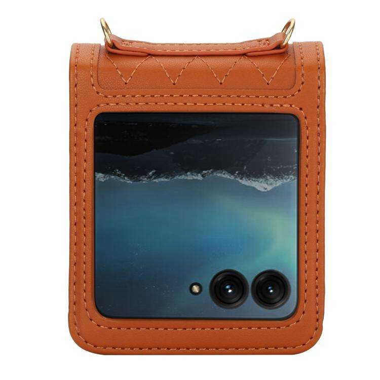 For Motorola Razr 50 Ultra Splicing Rhombic Texture Phone Case with Long & Short Lanyard(Brown)