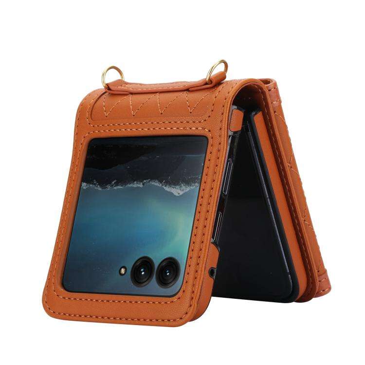For Motorola Razr 50 Ultra Splicing Rhombic Texture Phone Case with Long & Short Lanyard(Brown)