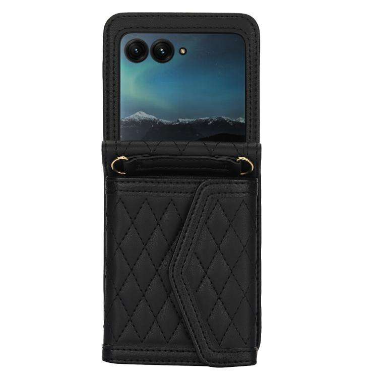 For Motorola Razr 60 Ultra Splicing Rhombic Texture Phone Case with Long & Short Lanyard(Black)