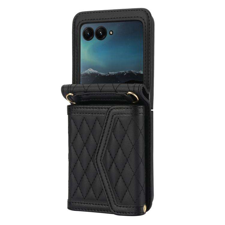 For Motorola Razr 60 Ultra Splicing Rhombic Texture Phone Case with Long & Short Lanyard(Black)