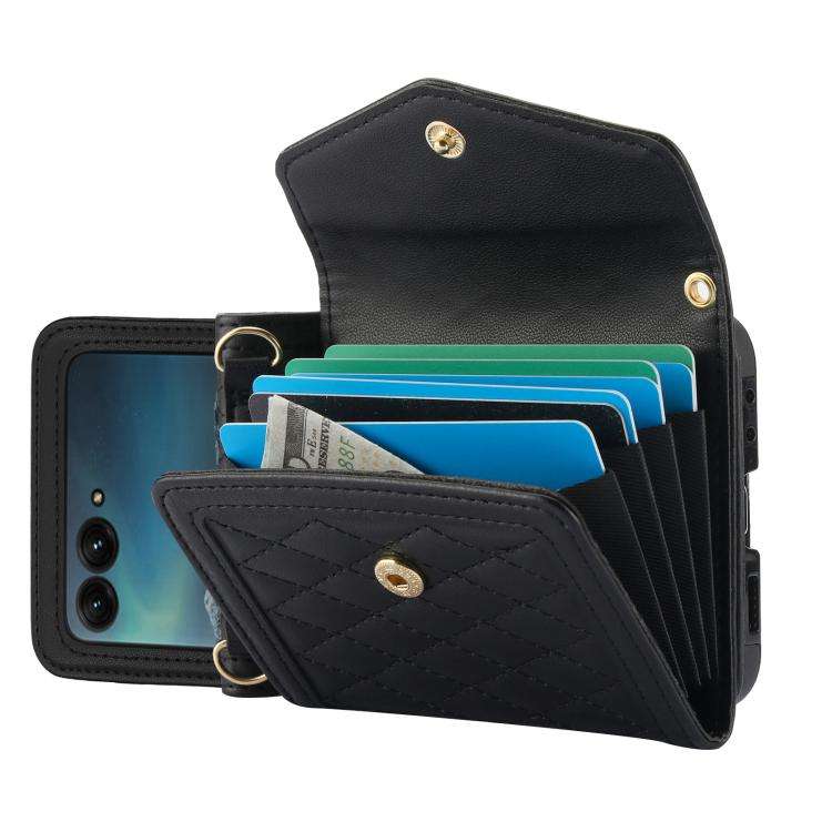For Motorola Razr 60 Ultra Splicing Rhombic Texture Phone Case with Long & Short Lanyard(Black)
