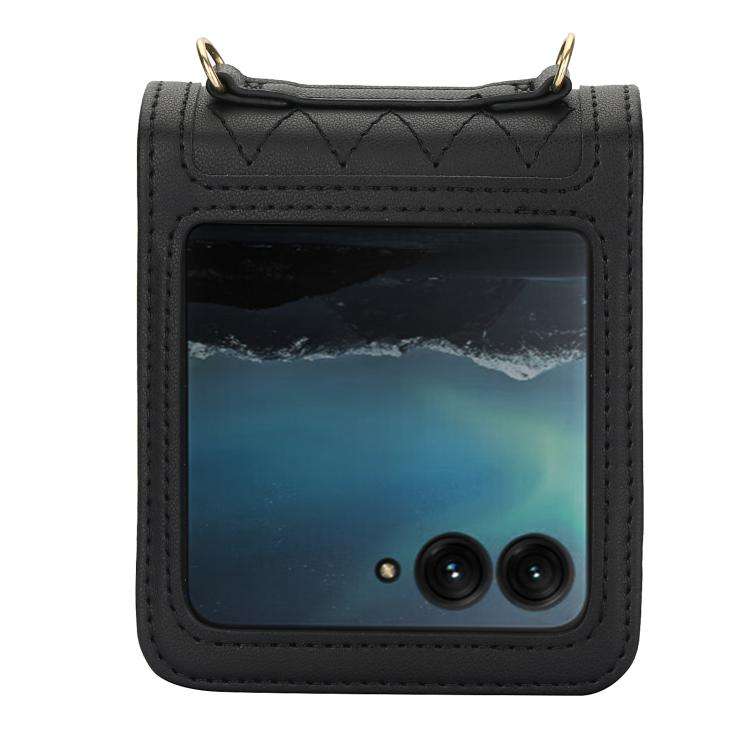 For Motorola Razr 60 Ultra Splicing Rhombic Texture Phone Case with Long & Short Lanyard(Black)