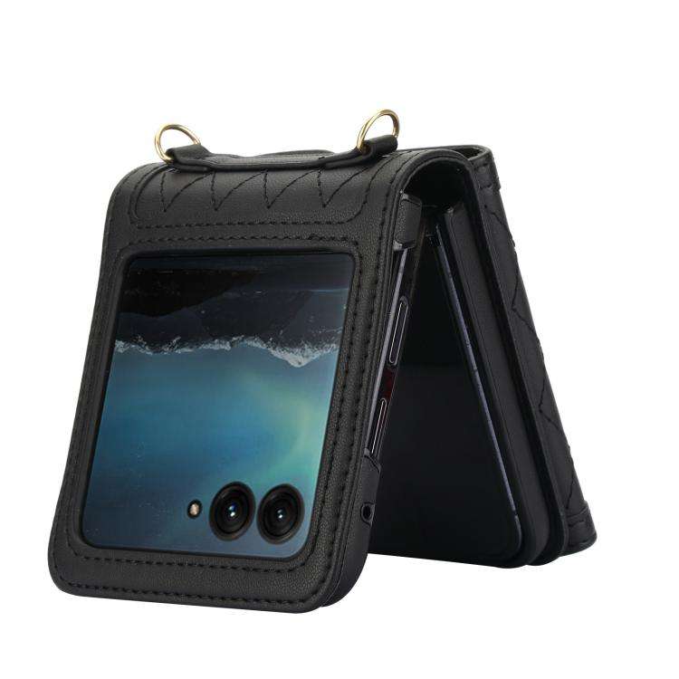 For Motorola Razr 60 Ultra Splicing Rhombic Texture Phone Case with Long & Short Lanyard(Black)
