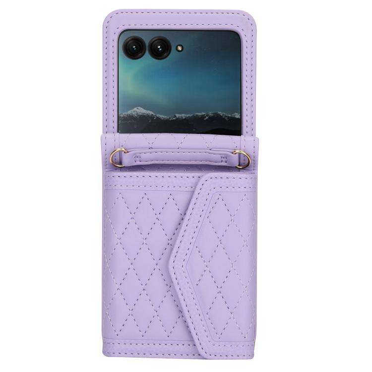 For Motorola Razr 60 Ultra Splicing Rhombic Texture Phone Case with Long & Short Lanyard(Purple)