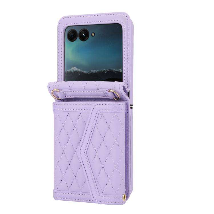 For Motorola Razr 60 Ultra Splicing Rhombic Texture Phone Case with Long & Short Lanyard(Purple)