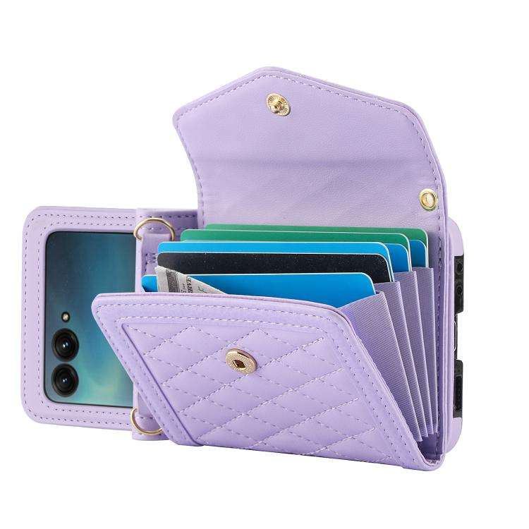 For Motorola Razr 60 Ultra Splicing Rhombic Texture Phone Case with Long & Short Lanyard(Purple)